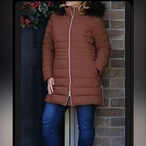 Nuage PETITE STRETCH PUFFER COAT Faux Fur Trim Hood Tortoise Shell Petite 3X